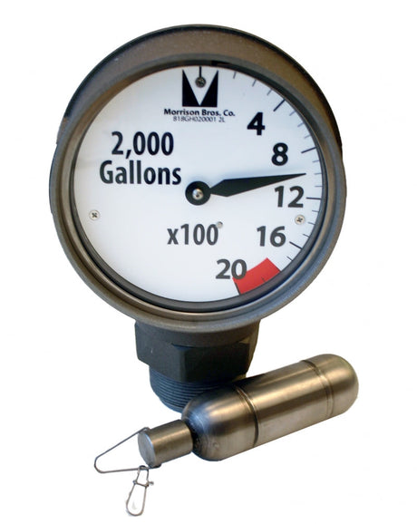 Clock Gauge, Female Thd, w/Drop Tube Float, Blank Reading Face, Order Gallon